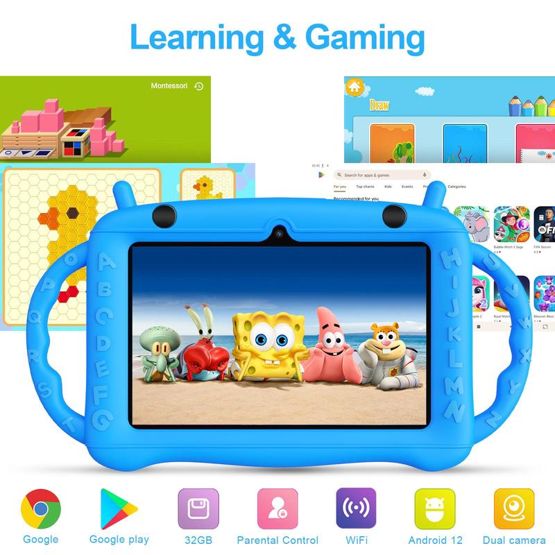 Kids Tablet, 7 inch Tablet for Kids 3-6 32GB ROM Android 12.0 Toddler Tablet with Bluetooth, WiFi, GMS, Parental Control, Dual Camera, Shockproof Case, Educational, Games