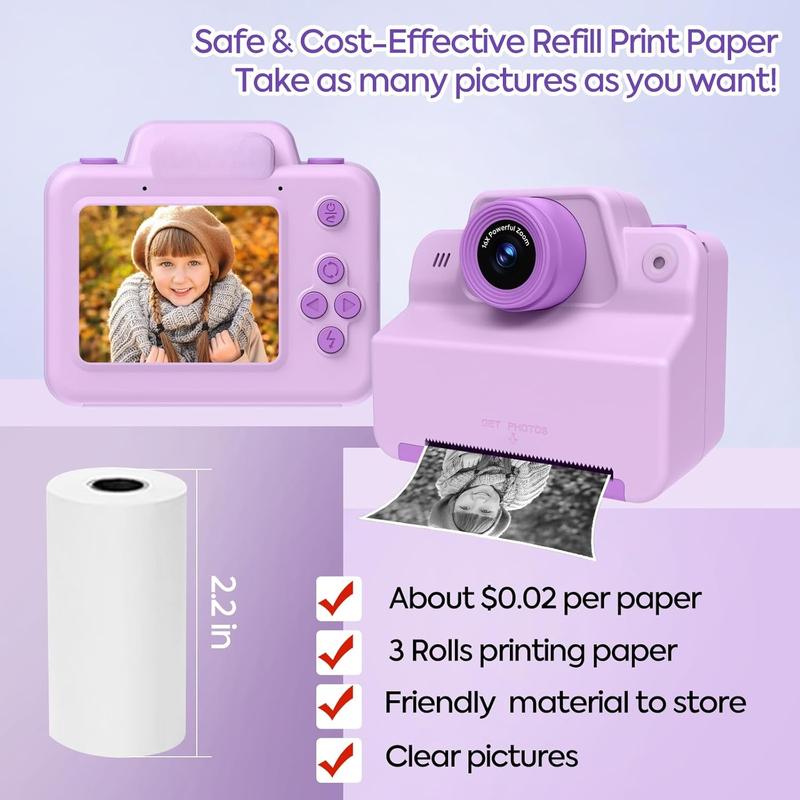 Instant Print Camera for Kids, Toddler Kids Camera Instant Print for 3 4 5 6 7 8 9 10 Years Old Girl Christmas Birthday Gifts, Portable Kid Children Digital Travel Camera Toys for Girls Age 3-12