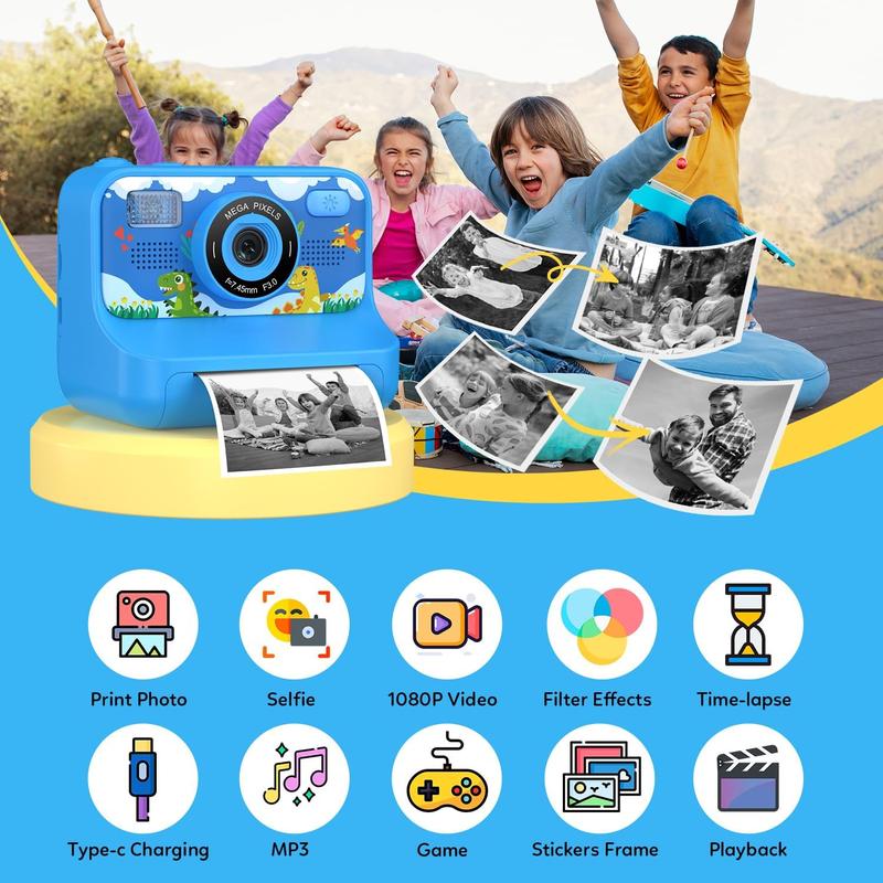 Instant Print Camera for Kids Age 3-12 Girls Boys 1080P HD Digital Video Cameras with 5 Print Paper & 32G Card Toddler Portable Travel Toys Camera for Christmas Birthday Gifts