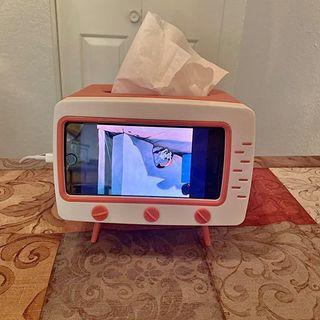 2 in 1 Mobile Phone Viewing Bracket & TV Tissue Box, Creative Retro Facial Tissue Dispenser Box Cover Holder with Phone Stand