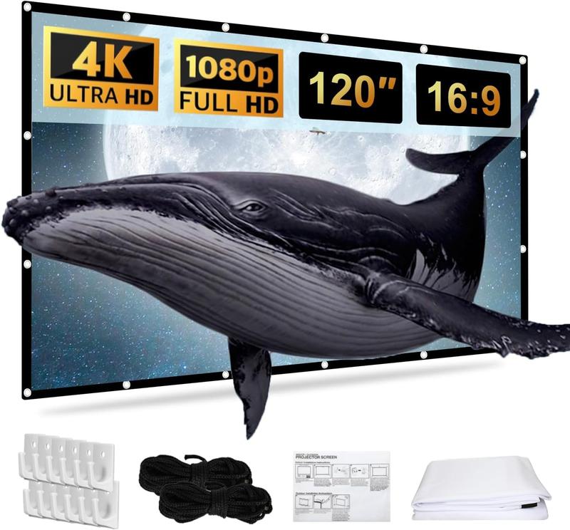 Projector Screen 120 inch, 16:9 4K HD Movie Portable Projector Screen Indoor Outdoor Projection Screen Wrinkle-Free Foldable Movie Screen for Backyard