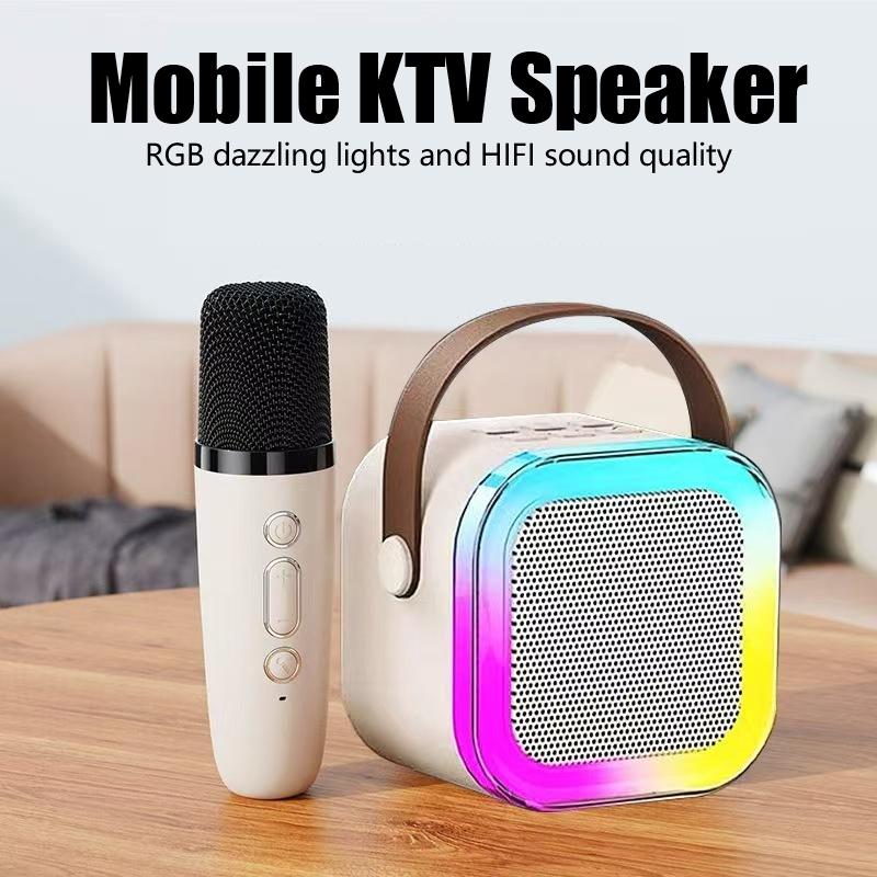 Portable Mini Karaoke Speaker with 2 Microphones, Rechargeable Wireless Outdoor Speaker with RGB Light, 3D Surround Sound Home Singing Karaoke Wireless Outdoor Audio Speaker for Smartphone, PC & More