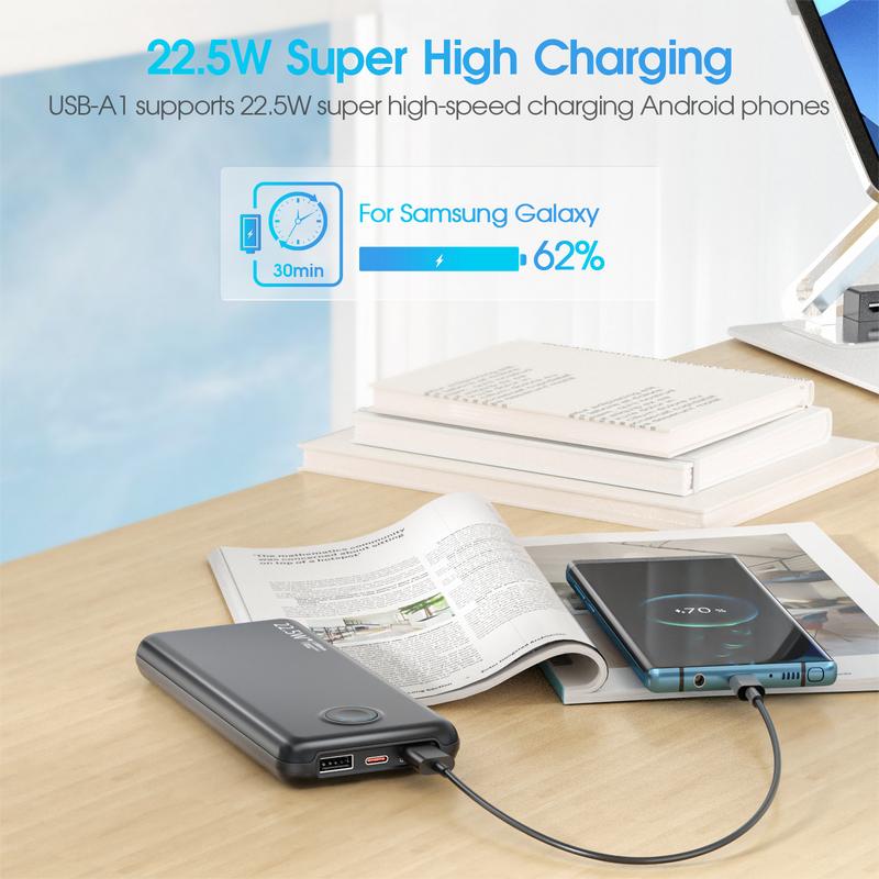 Built-in 2 cables, 12000mAh-portable charger, power bank, QC3.0 PD20W fast charging, 5 output ports battery pack, suitable for travel & work