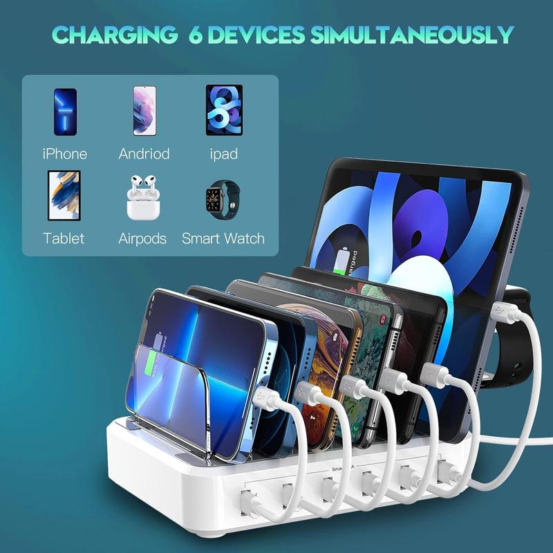 Charging Station for Multiple Devices,60W 6 Port Charger Station with 7 Mixed Charging Cables,USB Charging Dock,Compatible with Cellphone,Tablet, Kindle, iPhone iPad and More (White)