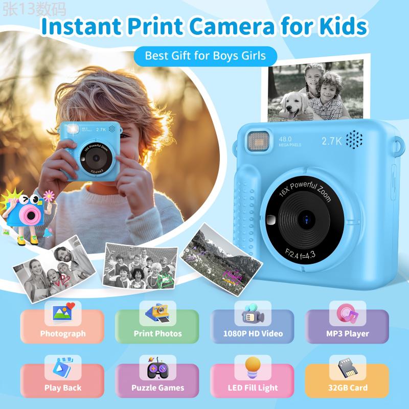 Kids Camera Instant Camera, 1080P 2.4 Inch Screen Instant Camera Kids With Print Paper & 32GB Card, Digital Camera Kids Gift For Kids3-12 Years Charging Rechargeable