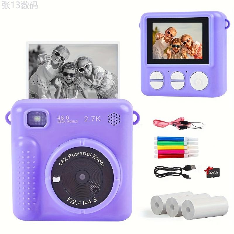 Kids Camera Instant Camera, 1080P 2.4 Inch Screen Instant Camera Kids With Print Paper & 32GB Card, Digital Camera Kids Gift For Kids3-12 Years Charging Rechargeable