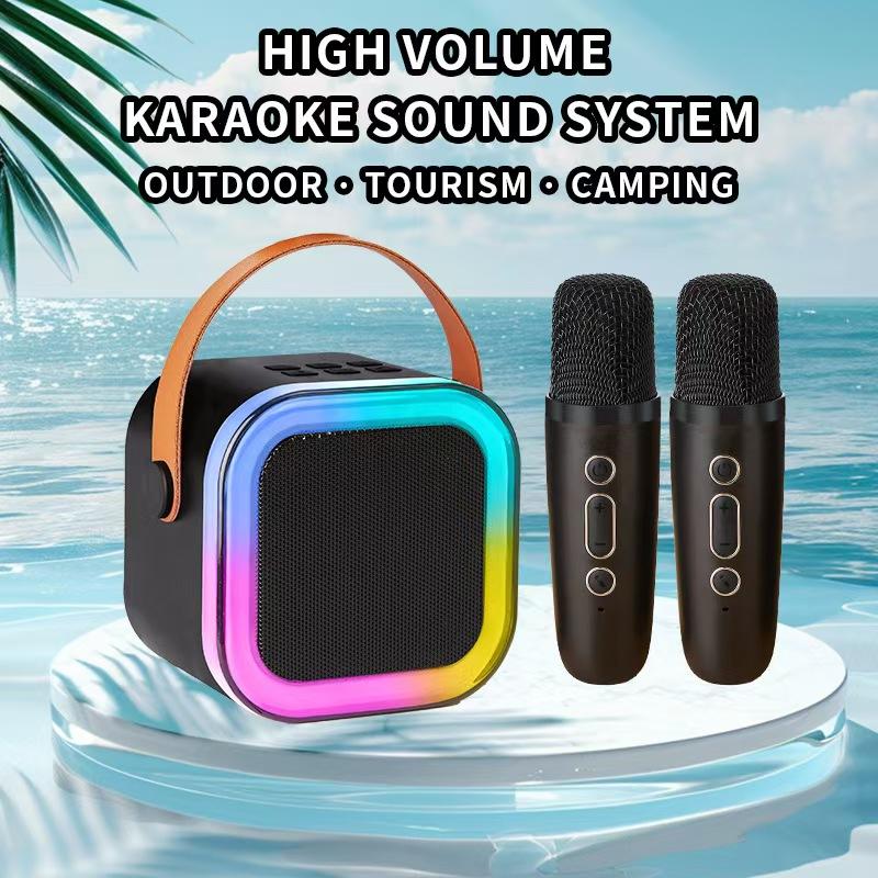 Portable Mini Karaoke Speaker with 2 Microphones, Rechargeable Wireless Outdoor Speaker with RGB Light, 3D Surround Sound Home Singing Karaoke Wireless Outdoor Audio Speaker for Smartphone, PC & More