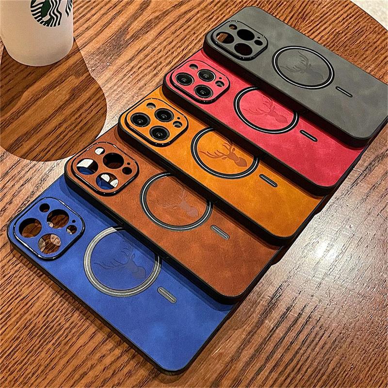 Luxury Deer Pattern PU Leather Phone Case For iPhone 16 15 14 13 12 11 Pro Max Shockproof Magnetic Bumper Cover Compatible with Mag Safe Anti-Scratch Camera Protection