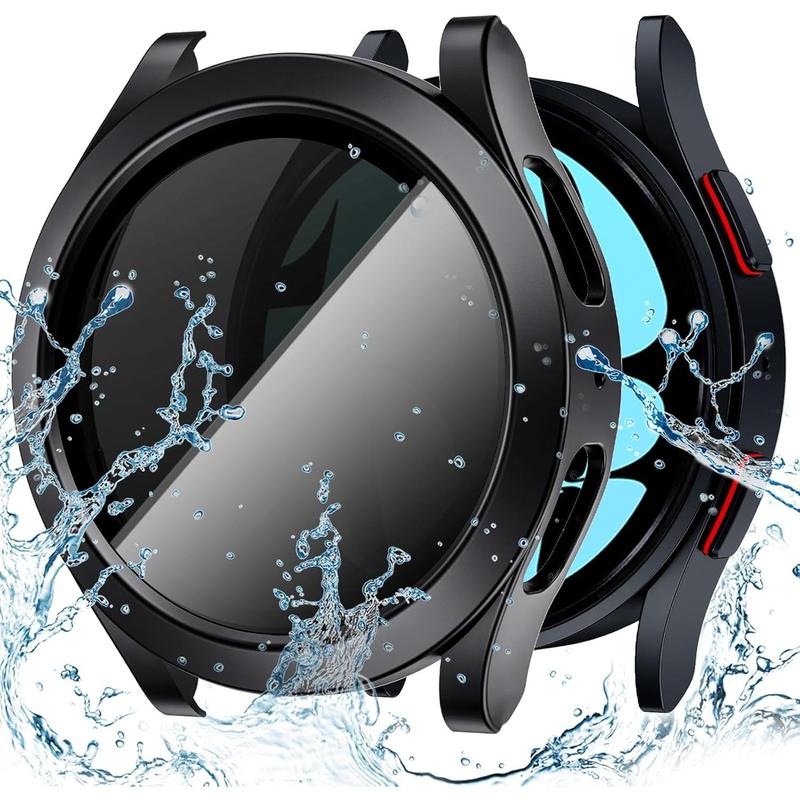 Waterproof case for Galaxy Watch 6 screen protector 44mm, [no fog] tempered glass face cover for Samsung watch 6 accessories 44mm privacy Black