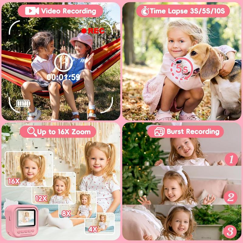 Kids Camera Instant Print Photo,1080P HD Kids Video Cameras,Birthday Gifts for Girls Boys Age 3-12,Digital Camera for 3 4 5 6 7 8 9 10 11 12 Year Old Girl Gifts Toys Light Pink