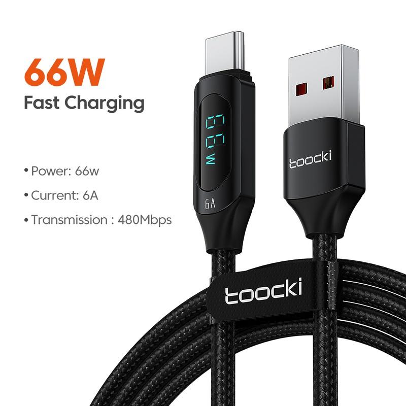 Toocki 6A 66W USB Type C Cable, 2 Pack Black LED Digital Display Fast Charging Cable 480Mbps Transmission Cord for Samsung Huawei Xiaomi Mobile Phone USB-C Fast usb cable usb-c charger