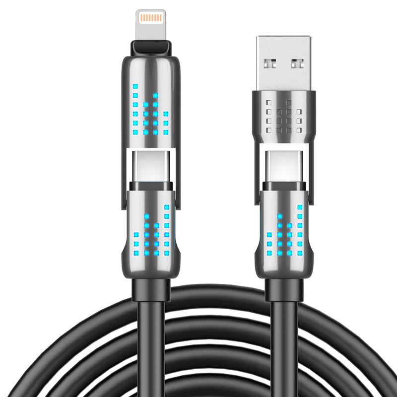 240W 4-in-1 USB-C Cable - PD 5A Fast Charging & Data Sync with USB A,TYPE C & Lightning, Breathing Light, Aluminum Alloy Design, 4FT Silicone Cable, Compatible with iPhone 16 15, iPad Pro, Samsung, and Laptops Android Device Smartphone Cellphone