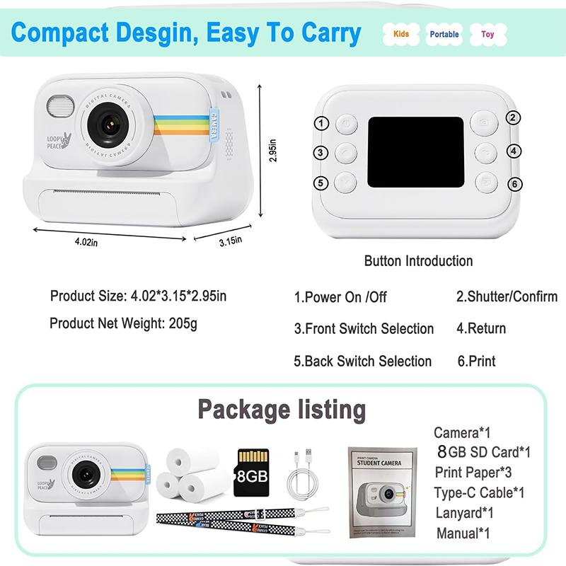 Instant Print Camera for Kids, Christmas Birthday Gifts for 4 5 6 7 8 9 10 11 12 Girls Boys, Digital HD Video Camera for Toddler, Creative Gifts for Girls 4-12 Age with 8GB SD Card-White  kid camera Button Memory toy