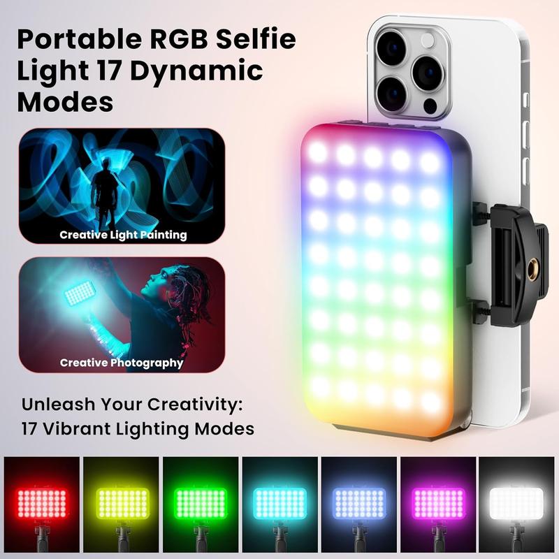 WERWR Phone Light, Selfie Light for iPhone, High Power Rechargeable RGB Light for Video Recording, Upgraded Adjustable Multi Mode Retractable Clip Portable Light,, Makeup, Content Creator Light