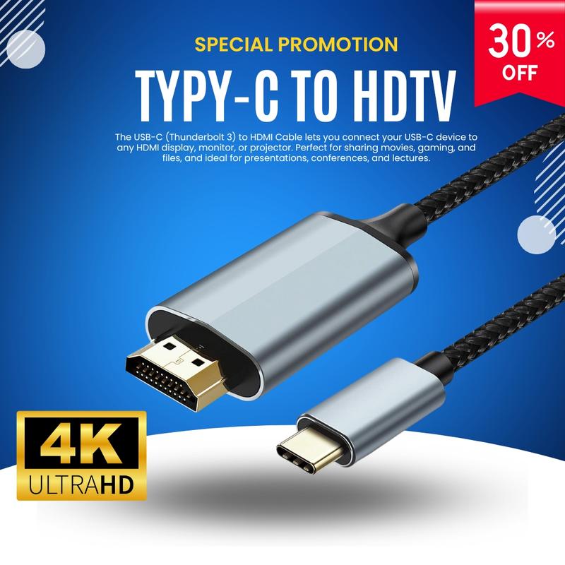 USB C to HDMI Cable,4K High-Speed, Compatible with iPhone 16, iPad Pro,S21, XPS 17 & More – Thunderbolt 3 4 Support,3 6ft for Home Office & Streaming