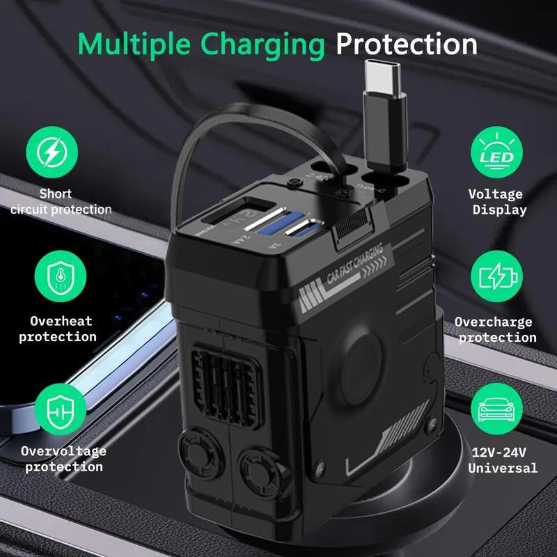 Retractable Car Charger with 100W, 4 in 1 Cool Mech Style Car Fast Charger for iPhone and Type C, Retractable Cables (31.5 inch) and 2 Charging Ports, Compatible with iPhone 15 14 13 12 Pro Max XR,iPad,Samsung,Pixel(Gift Magnetic Stands)