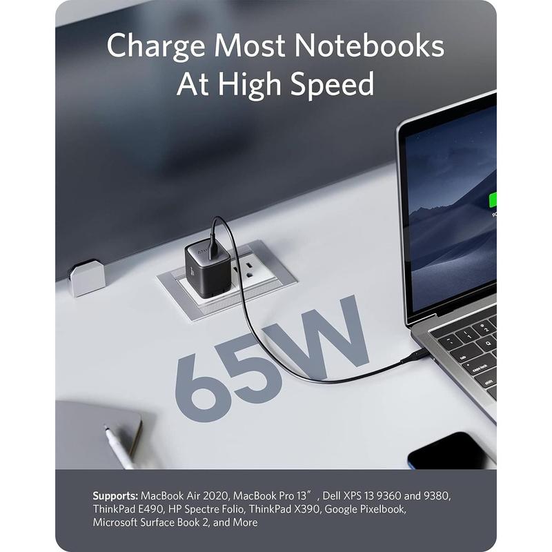 Anker Nano II 65W USB-C Charger, GaN II Fast Charging, Compact Power Adapter for MacBook, iPhone 13 14 15, Samsung Galaxy, iPad Pro, AirPods, USB-C Laptops, and More, Include Travel Pouch