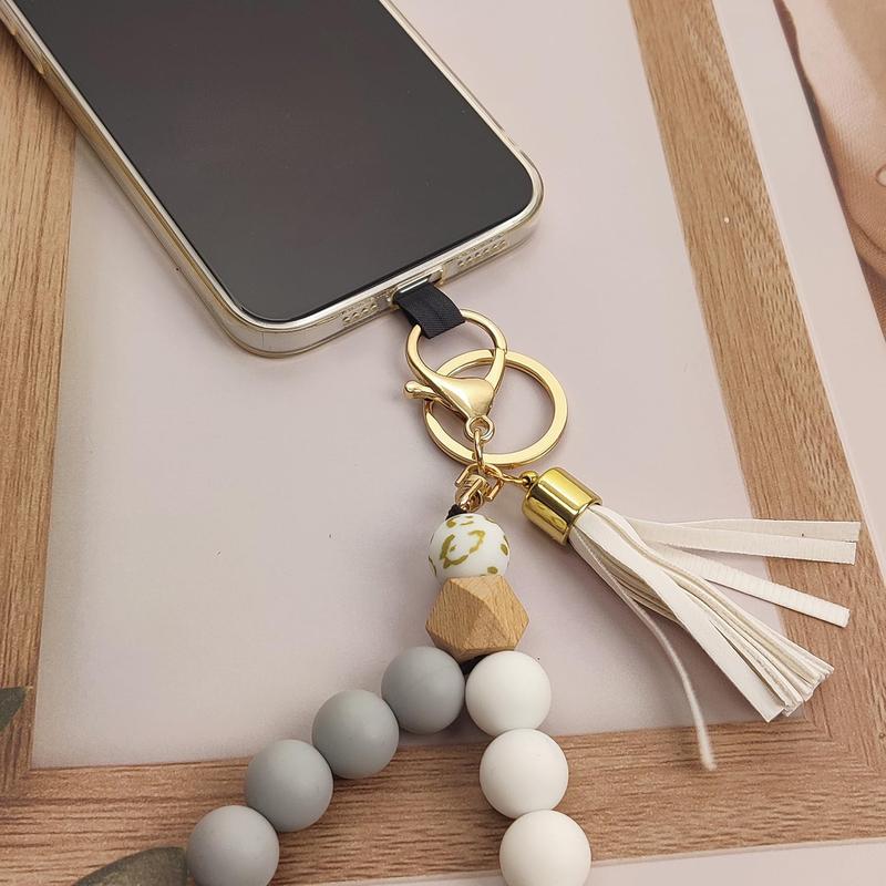 Phone Lanyard Silicone Beaded Phone Wrist Strap Cute Elastic Cell Phone Wristlet Chain Bracelet with 2 Tether Tab