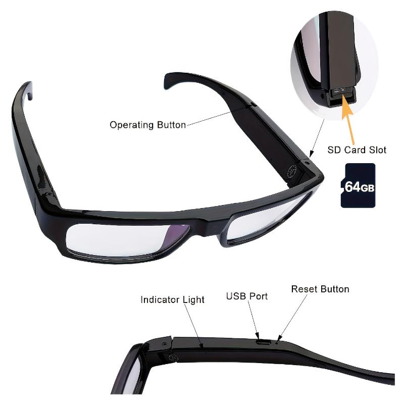 Smart Glasses with 1080P HD Camera - Portable Sports & Outdoor Recording Eyewear, Eye Protection DV Camcorder, Includes 64GB Memory Card & USB Connection