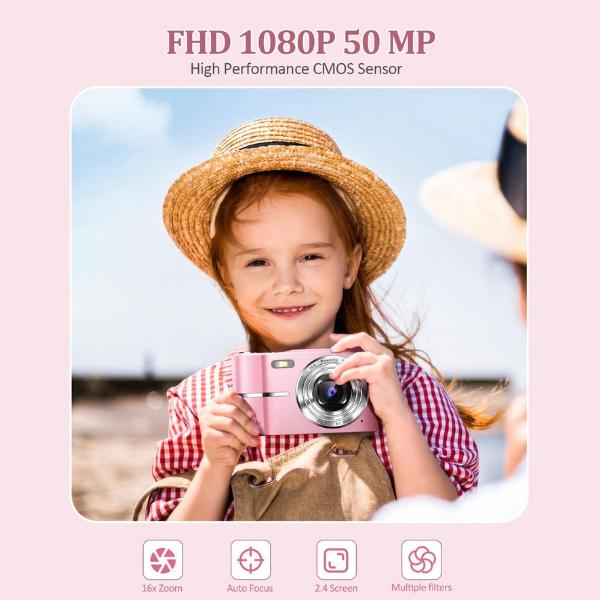 Christmas Digital Camera, 50MP Full High Definition 1080P Camera with 16x Zoom Anti Shake, Compact Camera for Kids and Students - Pink