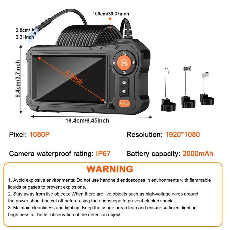 4.3 Inch LCD Screen Car Inspection Camera, Waterproof Endoscope Camera with 8 Adjustable LED Lights, HD 1080P Endoscope Camera with Semi-rigid Cable