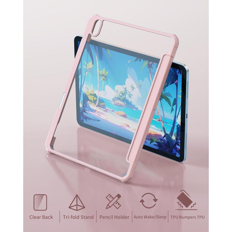 Case for iPad 10th Generation 10.9 inch 2022 -[Built-in Pencil Holder] Clear Transparent  Shell with Trifold Stand Shockproof Cover, Auto Sleep Wake, Pink