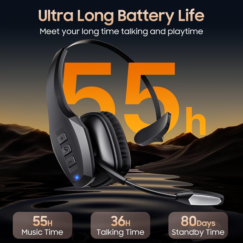 ProTruck Wireless Headset - 55Hrs Long-Lasting Battery Life, 36Hrs Uninterrupted Talking Time, Dual Noise Cancelling Microphone, Crystal-Clear Audio, Comfortable Wear, PC and Cell Phone Compatible for Truck Drivers and Gamers Wireless Foldable