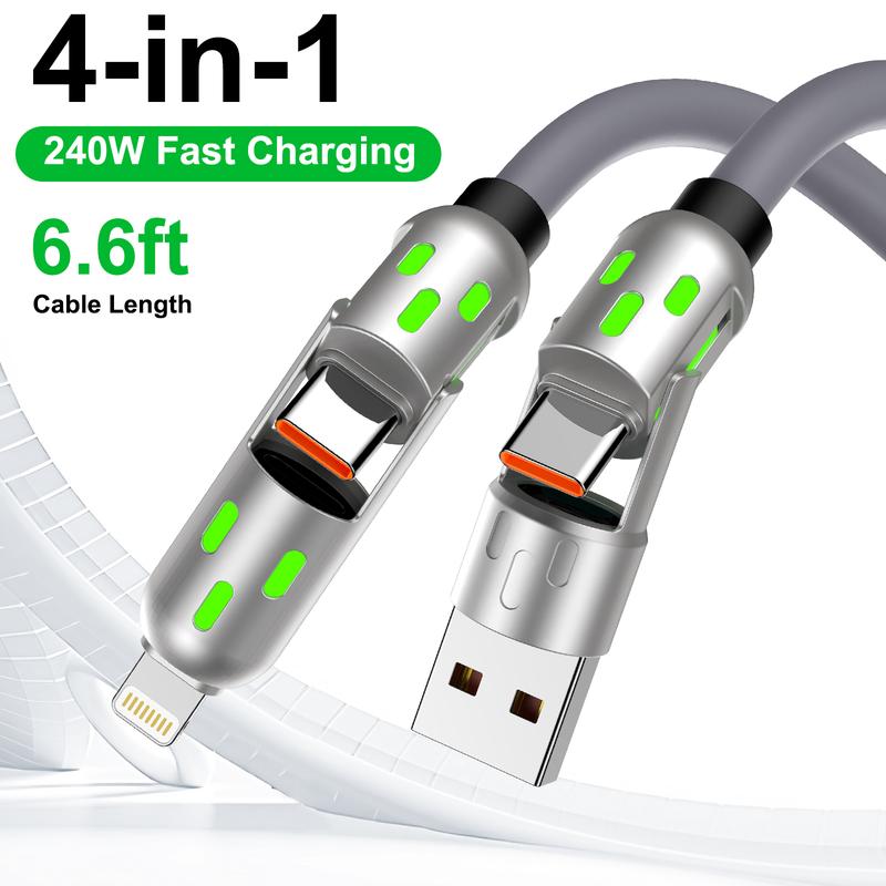 240w 4-in-1 USB C Data Cable 6.6FT length, Multi Charger Cable with Breathing Light, PD 5A Multi Fast Charging & Data Sync Silicone Compatible for iPhone Samsung Laptop Multi Device Charging Smartphone Cellphone Electronic