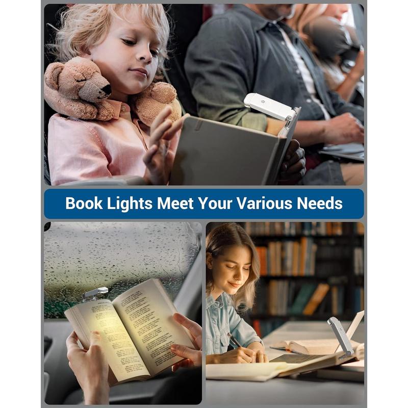 USB Rechargeable Book Light, Warm White, Brightness Adjustable for Eye-Protection, LED Clip on Portable Bookmark Light for Reading in Bed, Car Charging Holder