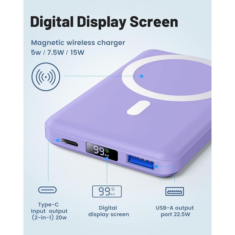 Wireless power bank, slim 10000mAh mnetic portable charger 22.5W fast charging, mini M-safe battery pack qc3.0 LED display compatible with iPhone 15 14 13 12 pro mini Pro Max (purple).Gift 