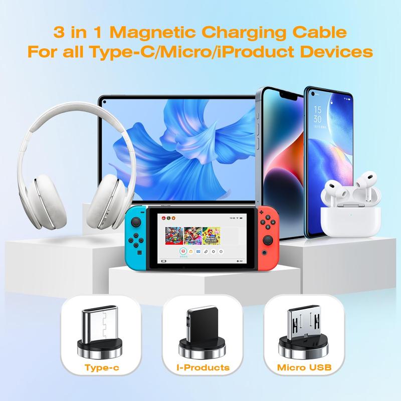 Fast Charging Rotating Magnetic Charging Cable, 7-pin 3 in-1 Magnetic Phone Charger, Data Transfer Cable, Universal Phone Accessories