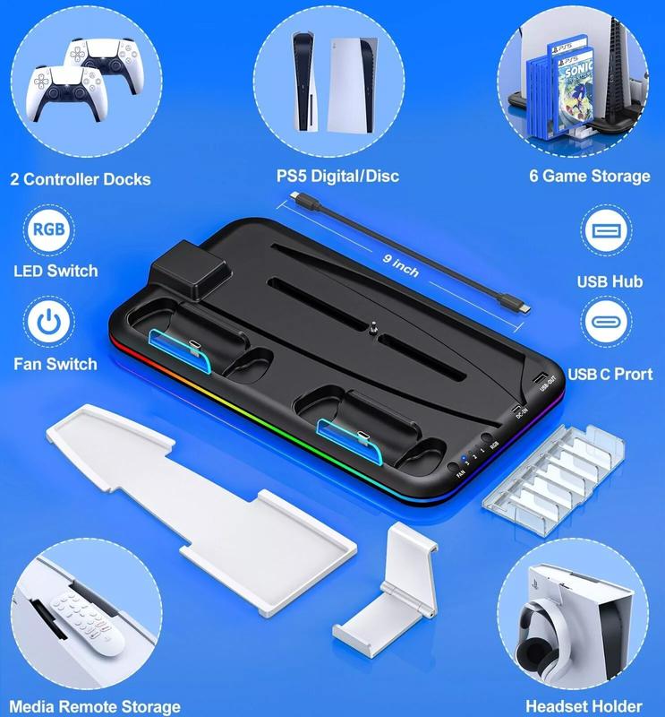 Dual PS5 Controller Charging Station with Cooling Fan & 3 Port USB