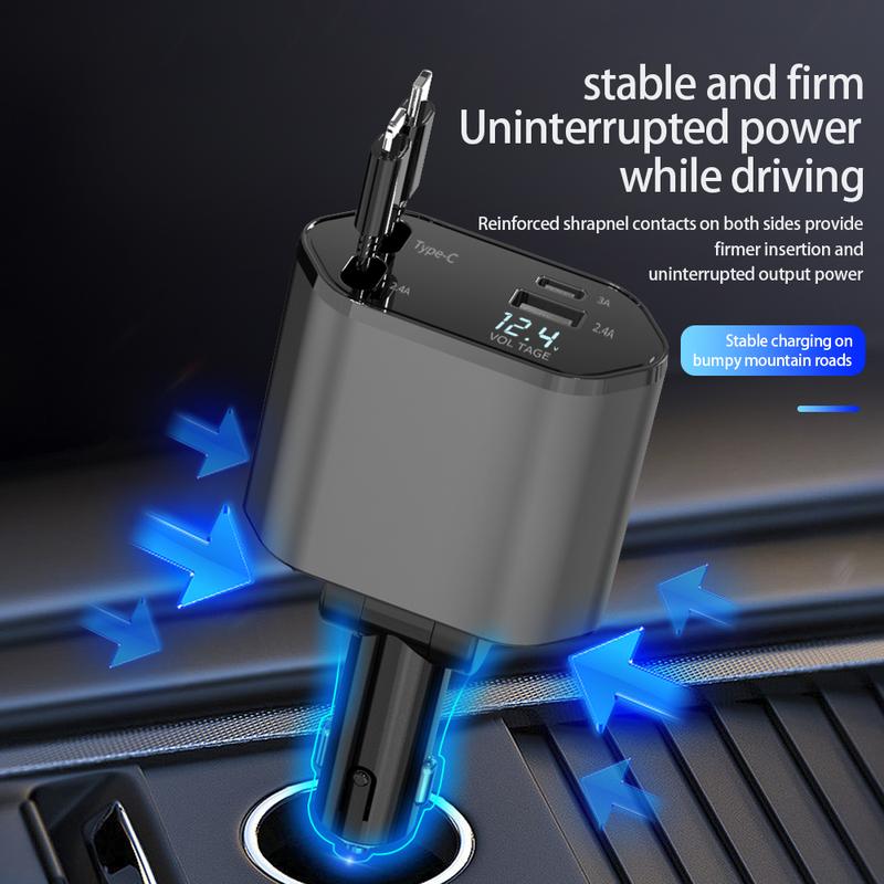 4 in 1 Retractable Car Charger, USB C Fast Charging Adapter[Max120W] with Lightning Cable&Dual Charge