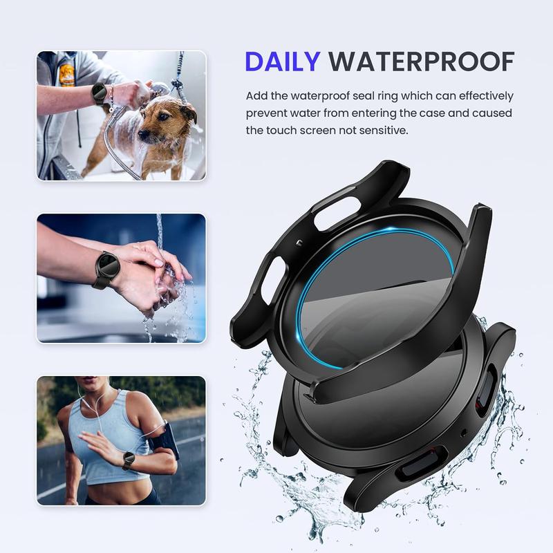 Waterproof case for Galaxy Watch 6 screen protector 44mm, [no fog] tempered glass face cover for Samsung watch 6 accessories 44mm privacy Black