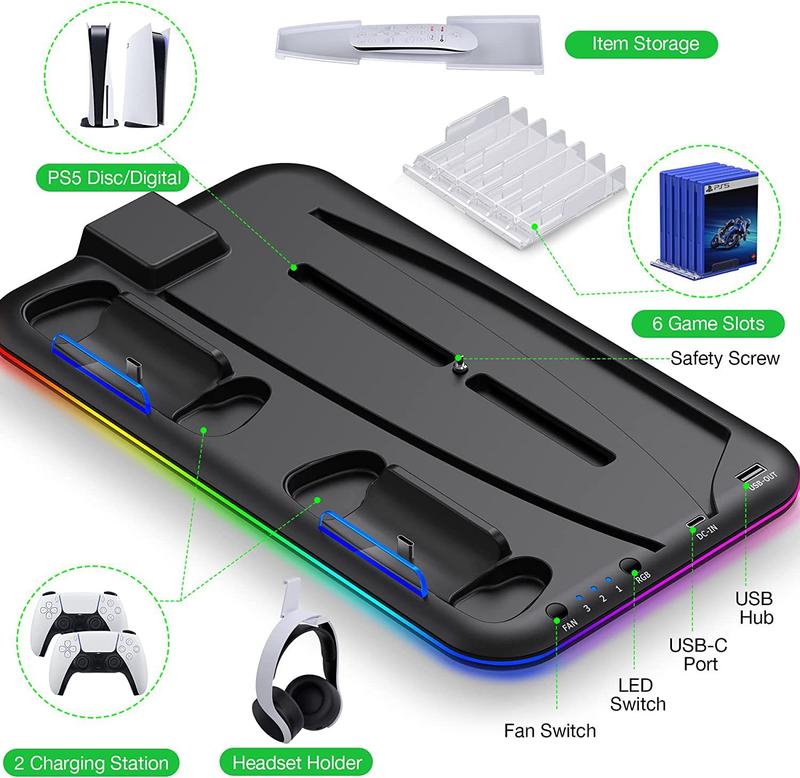 Dual PS5 Controller Charging Station with Cooling Fan & 3 Port USB