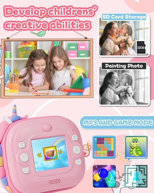 Kids Camera Instant Print, Christmas Birthday Gifts for Girls Age 3-12, Ideal Toy for 3 4 5 6 7 8 9 10 Years Old Girls Boys, Toddler Camera Toys with 3 Rolls Print Paper & 32GB Card (Pink)