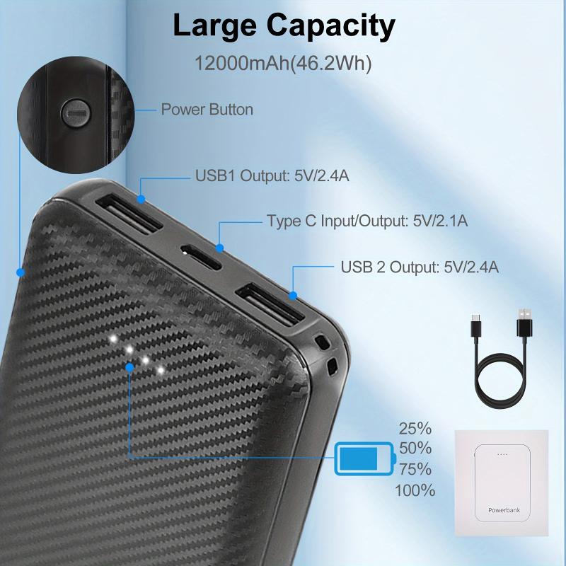 12000mAh Portable Charger 5V 2.4A, Rechargeable USB-C Battery Pack for Heated Vests, Jackets, Pants, and Seat Cushions, with 3 Output Ports, for iPhone, for SamSung for Galaxy, and More