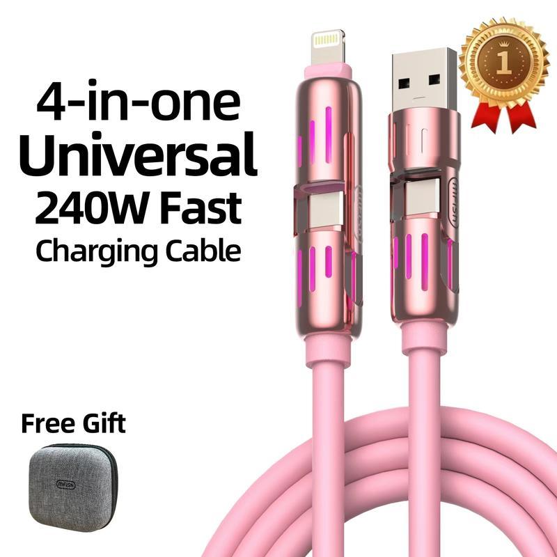 MFish 240W 4-in-1 Fast Charging USB Cable with USB A, Type-C, and Lightning Connectors (Free Storage Bag Included), Electronic Smartphone baby pink