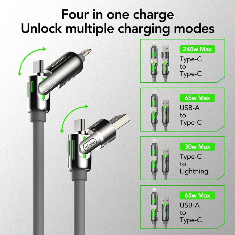 6.6ft 240W 4-in-1 Charging Cable - m fish Fast Charging for A+ TYPE C and Lightning fast charge for iphone 13 14 15 16,huawei，ipad pro，Android Smartphone