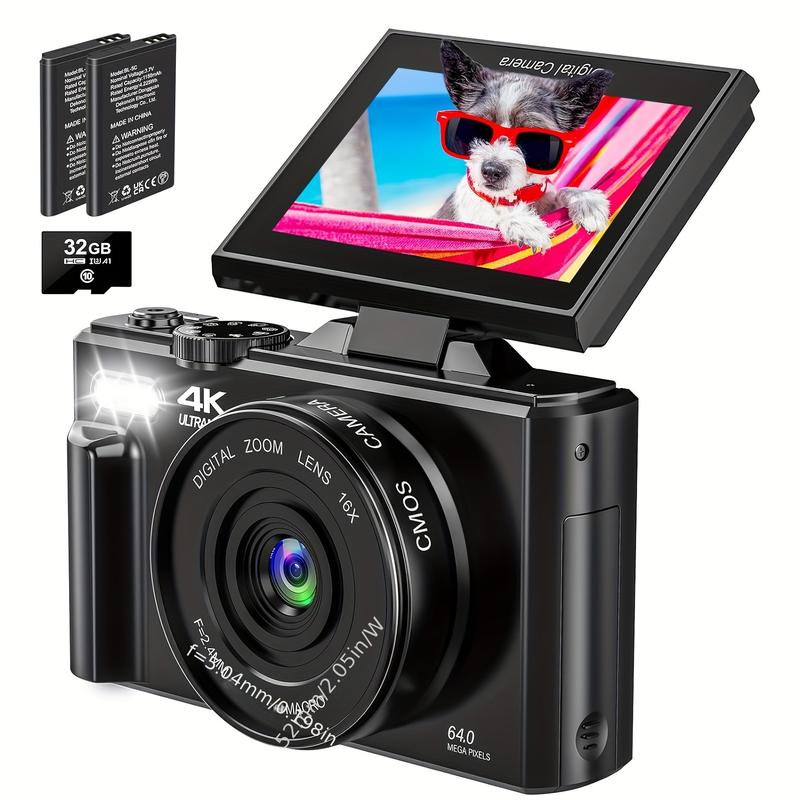 64MP 4K Digital Camera with 18X Zoom, Auto-Focus, 3-Inch Flip Screen, 32GB SD Card, 2 Batteries, and Camcorder for Christmas Halloween Gift