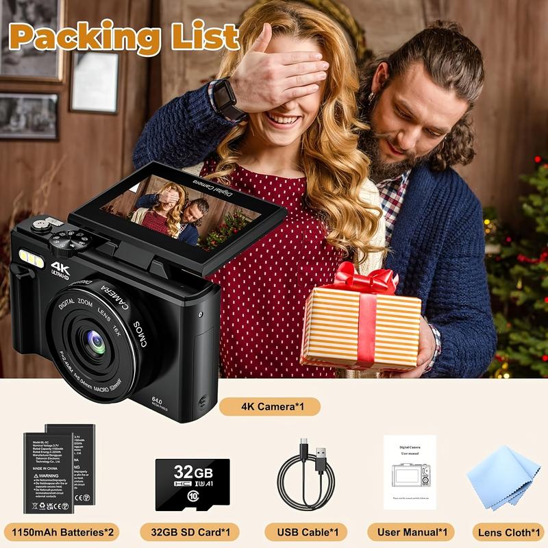 64MP 4K Digital Camera with 18X Zoom, Auto-Focus, 3-Inch Flip Screen, 32GB SD Card, 2 Batteries, and Camcorder for Christmas Halloween Gift