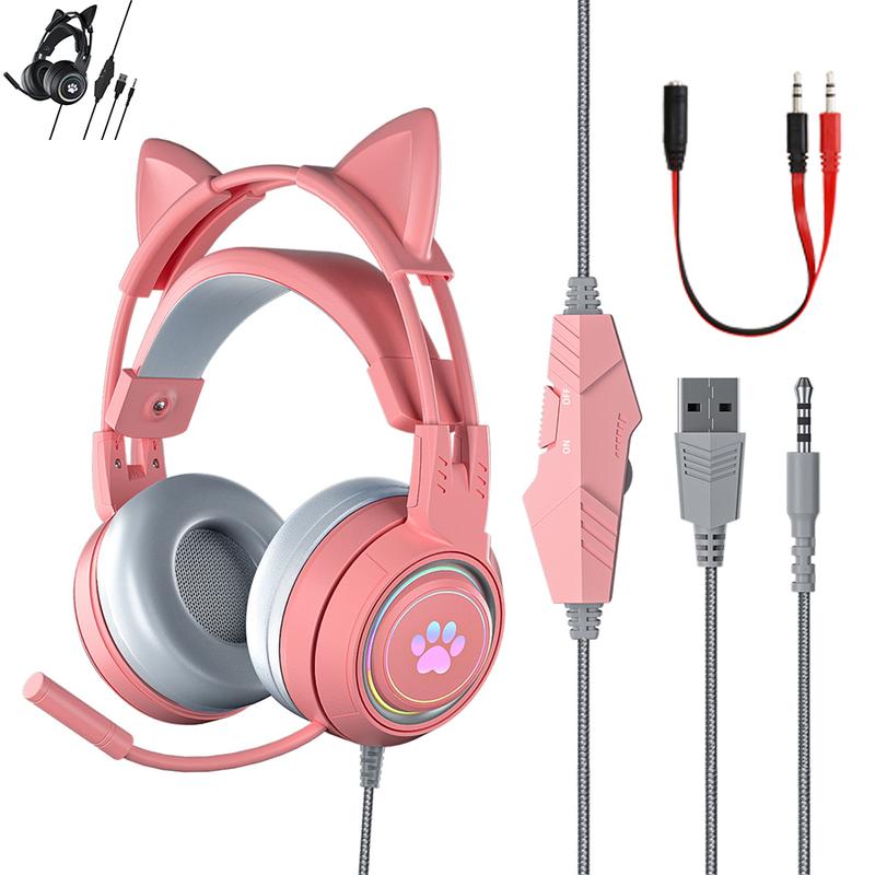 Cat Ear Headphones Gaming Headset with Mic for PC Laptop Switch PS4 PS5(Pink  Black), girl Wired Headphones RGB Light up Kawaii Kitty Noise Cancelling Headphones for Gamer PC Laptop