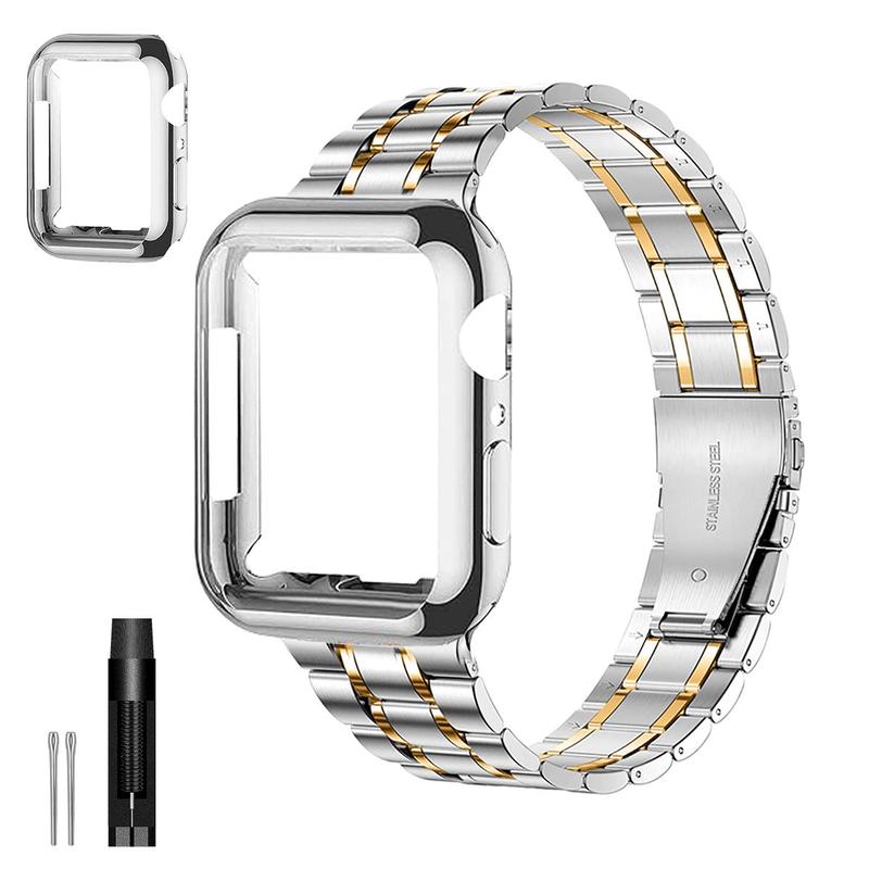 Personality Gold Stainless Steel Strap with Protective Case, 1 Count Men's Fashion iWatch Series Strap, Wearable Accessories for Apple Watch