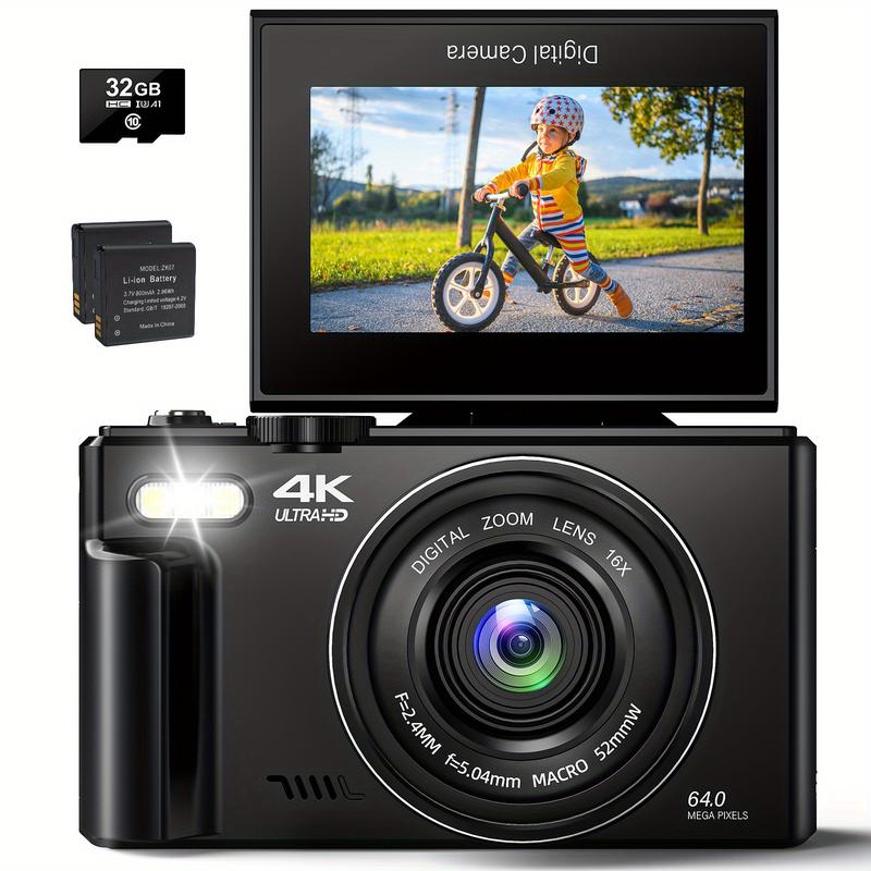 64MP 4K Digital Camera with 18X Zoom, Auto-Focus, 3-Inch Flip Screen, 32GB SD Card, 2 Batteries, and Camcorder for Christmas Halloween Gift