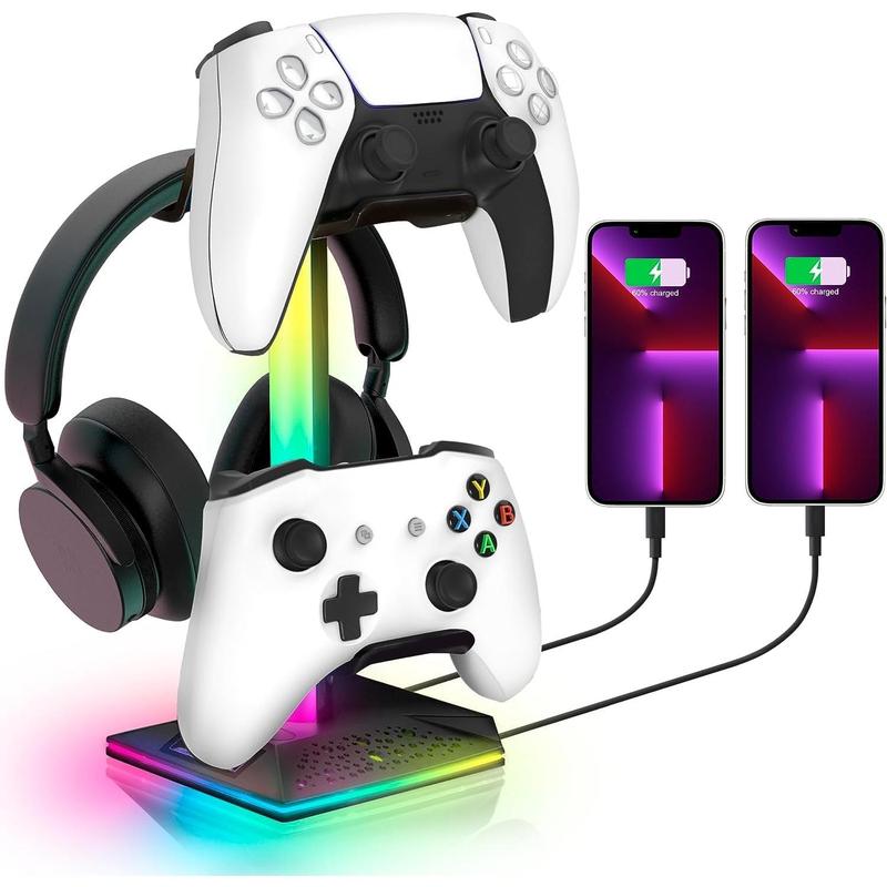 RGB Headset Stand, Gaming Controller Stand with 2 USB  Ports,10 Light Modes Headset Holder PC Gaming Accessories, Suitable for All Earphone Accessories, Gift for Boys Men Gamers