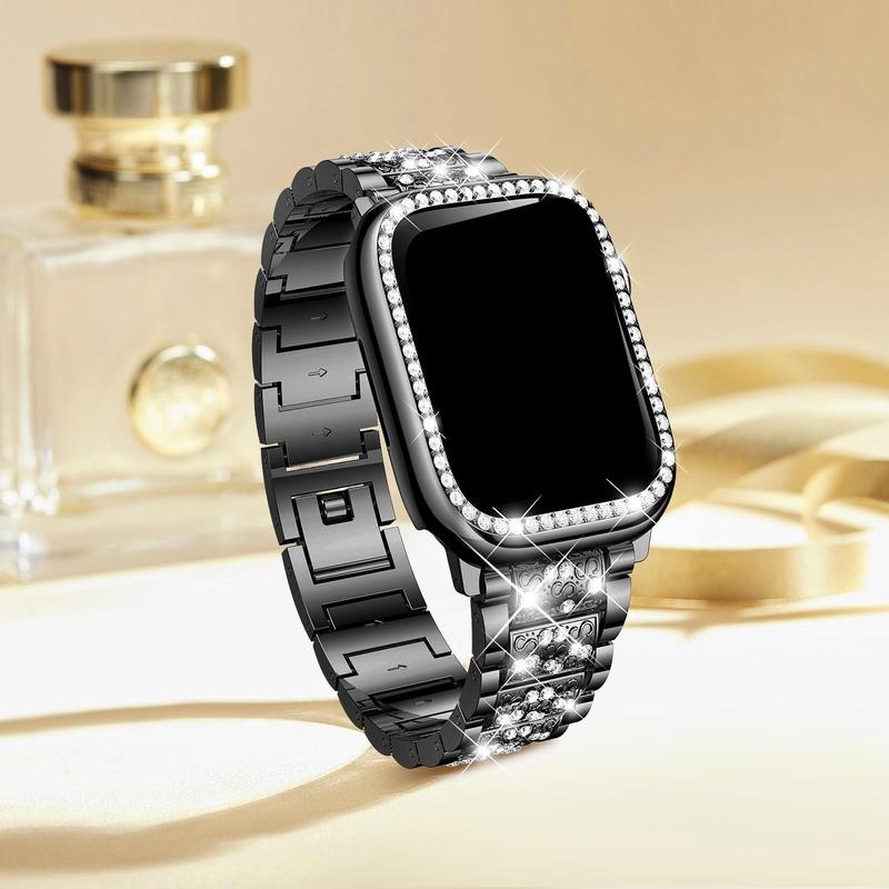 Rhinestone Decor Watch Band & Watch Case Set, Fashionable Watch Band with 2 Watch Case, Wearable Accessories Compatible with Apple Watch Series