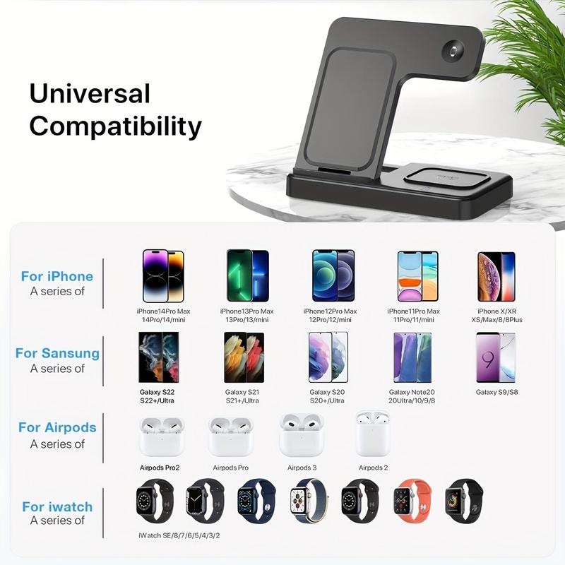 3 in 1 Wireless Charger, 15W Max Wireless Charging Station, Fast Wireless Charger Stand for iPhone iWatch AirPods