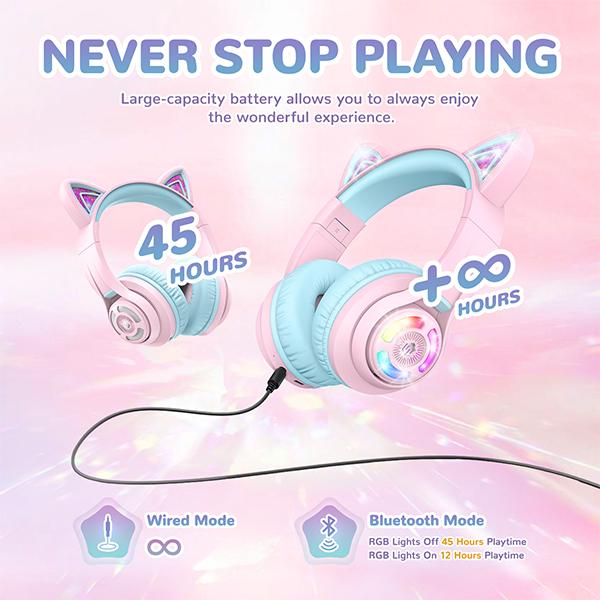 iClever Cat Ear Kids Bluetooth Headphones, LED Lights Up, 74 85 94dB Volume Limited, 50H Playtime, Bluetooth 5.2,  for iPad Tablet Travel  Christmas Gift