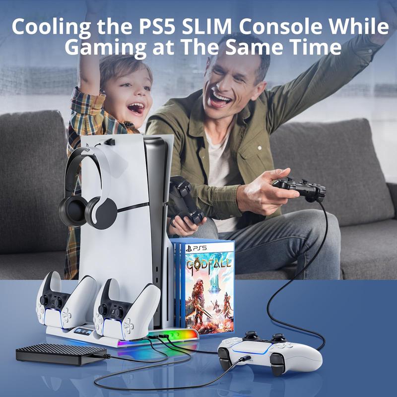 Multifunctional Cooling Stand for PS5 Slim, 1 Set Multipurpose Cooling Fan with Game Controller Charging Station, Console Accessories for PS5 Slim