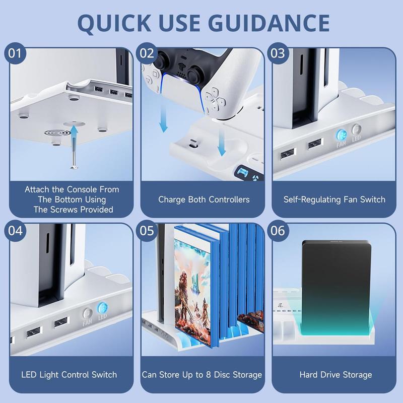 Multifunctional Cooling Stand for PS5 Slim, 1 Set Multipurpose Cooling Fan with Game Controller Charging Station, Console Accessories for PS5 Slim